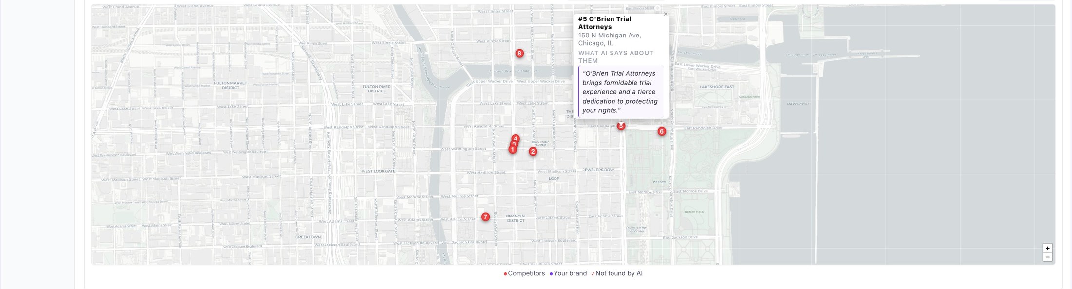 Faneros Competitive Landscape Map — geocoded competitor pins on a Chicago downtown map with AI-generated competitor descriptions