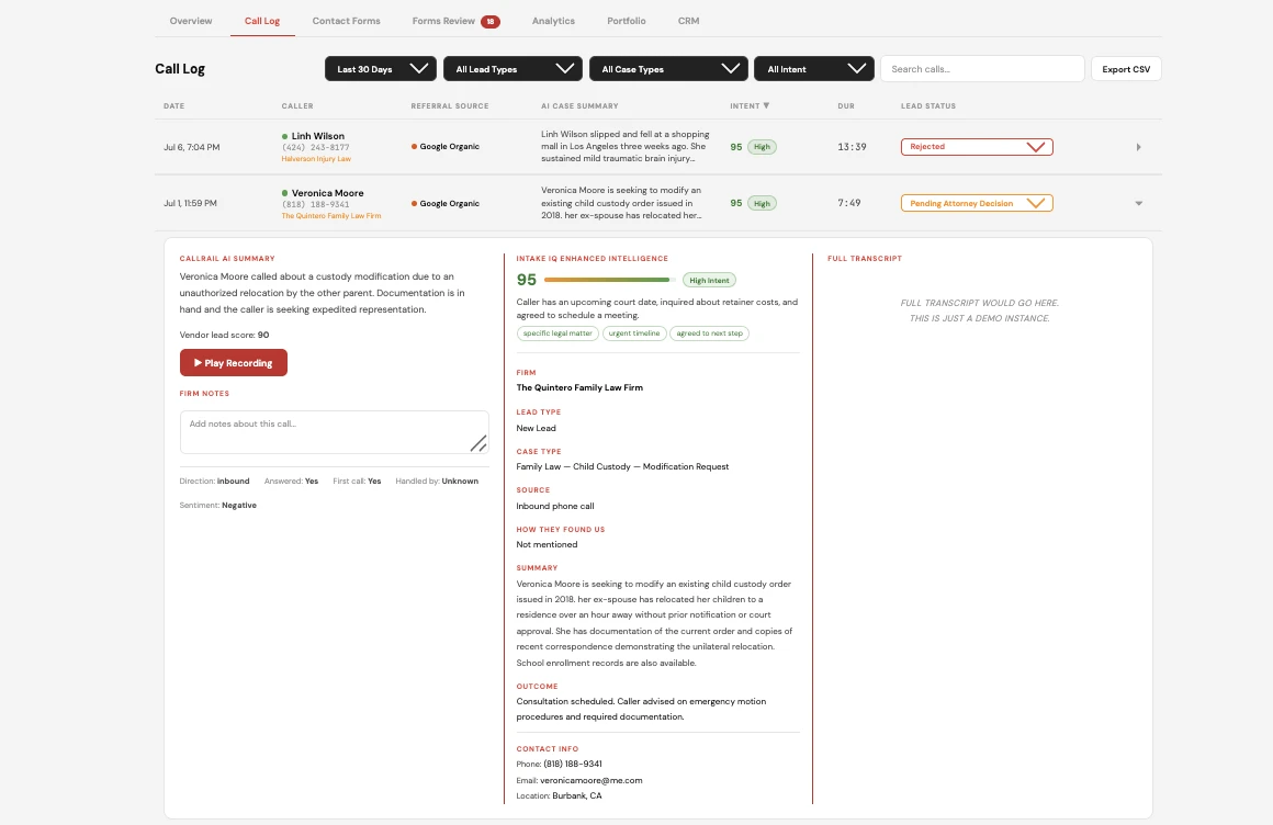 Intake IQ call log: AI case summaries, intent scoring, and attorney decisions