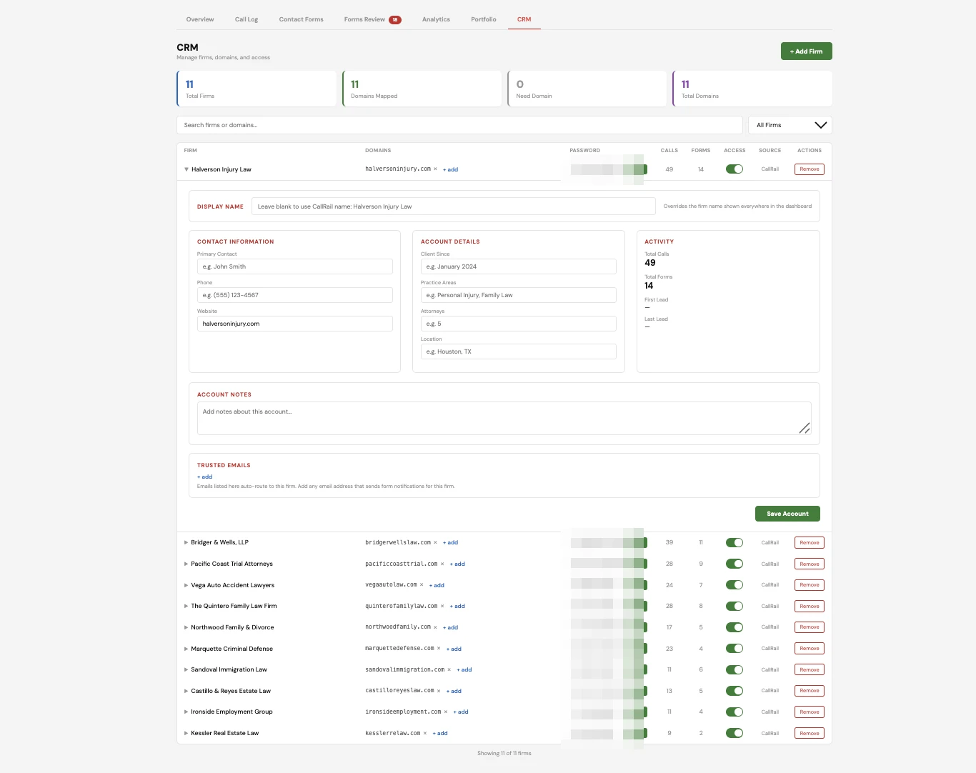 Intake IQ CRM: firm, domain, and access management